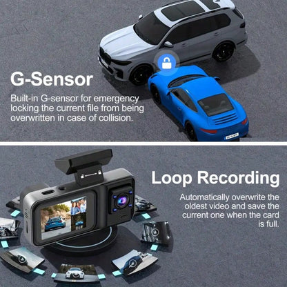 1080P 3-Channel Dash Cam- Front/Interior/Rear (Optional) Recording, With Infrared Night Vision, Loop Recording, Wide Angle DVR, 2.0" IPS Screen, Car Video Recorder, 150mAh Lithium Battery, Multi-Func