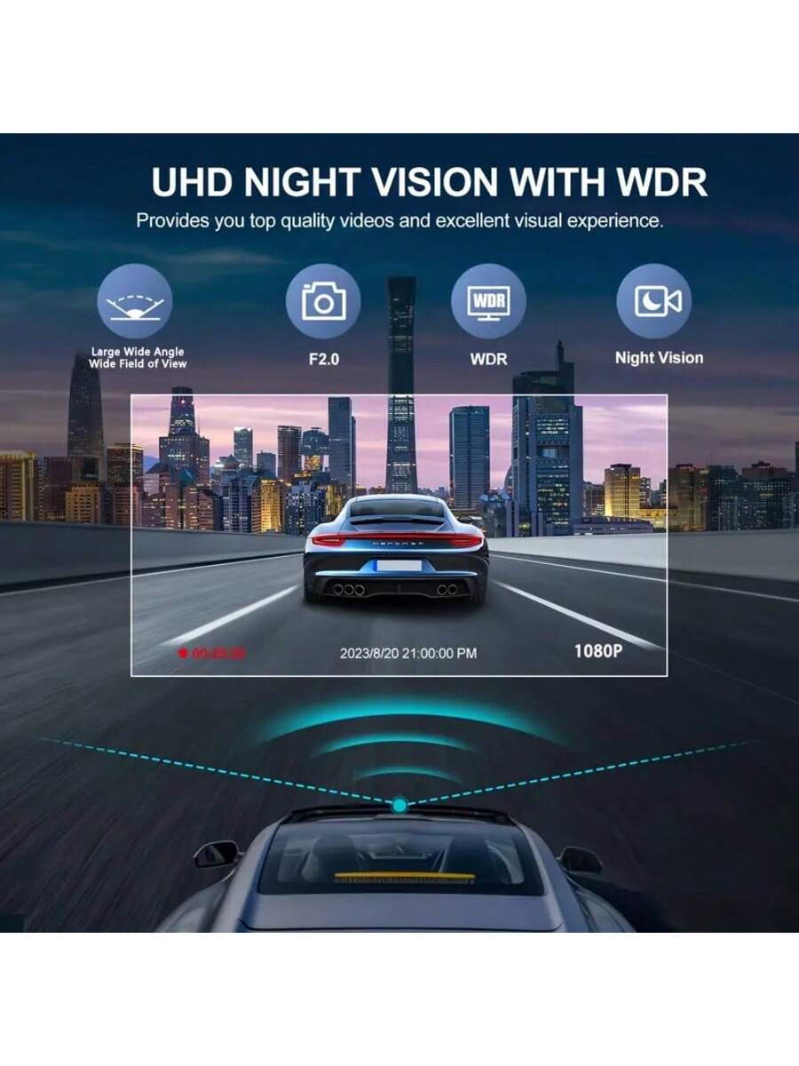 1080P 3-Channel Dash Cam- Front/Interior/Rear (Optional) Recording, With Infrared Night Vision, Loop Recording, Wide Angle DVR, 2.0" IPS Screen, Car Video Recorder, 150mAh Lithium Battery, Multi-Func