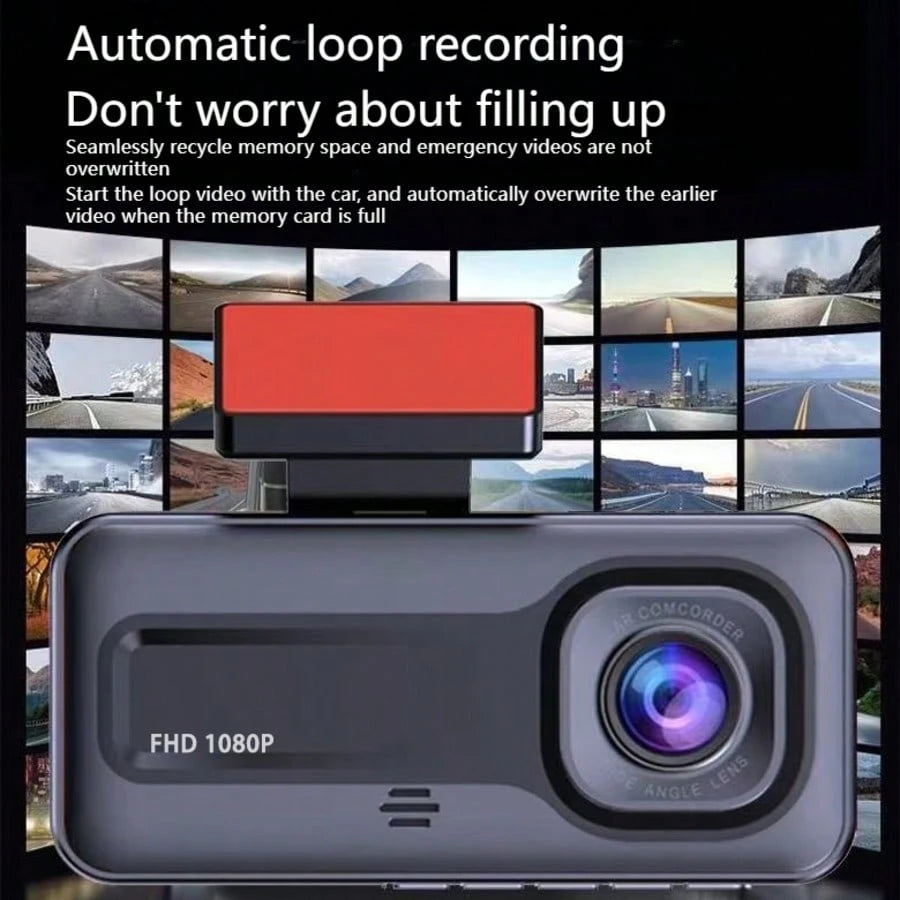 1080P 3-Channel Dash Cam- Front/Interior/Rear (Optional) Recording, With Infrared Night Vision, Loop Recording, Wide Angle DVR, 2.0" IPS Screen, Car Video Recorder, 150mAh Lithium Battery, Multi-Func