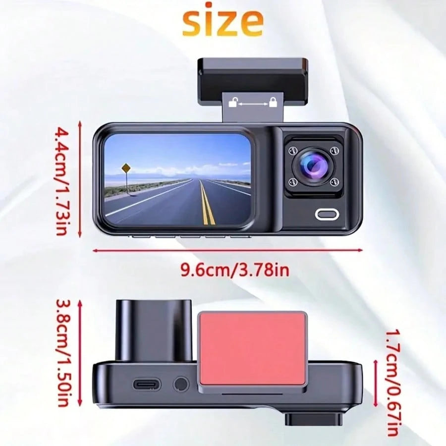 1080P 3-Channel Dash Cam- Front/Interior/Rear (Optional) Recording, With Infrared Night Vision, Loop Recording, Wide Angle DVR, 2.0" IPS Screen, Car Video Recorder, 150mAh Lithium Battery, Multi-Func
