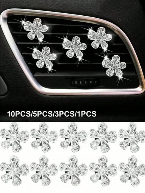 10pcs/5pcs/3pcs/1pc Rhinestone Flower Car Air Vent Decor, Crystal Rhinestone Car Air Vent Clip, Cute Car Air Vent Clip Interior Decor Accessory, Suitable For Women Girls, Decorative Pendant Diamond Ca