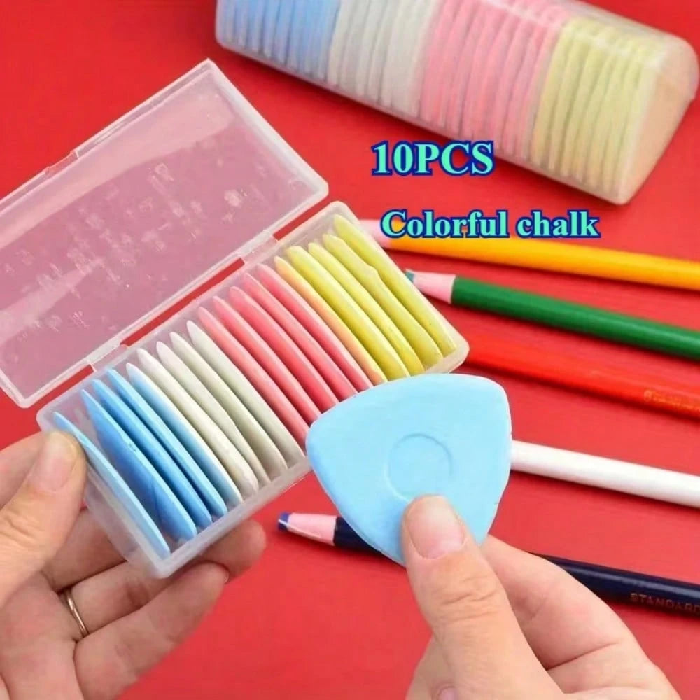 10pcs Macaron Triangle Chalk, Smooth Powder Texture, Comes With Storage Box For Easy Organization, Clear Lines For Sewing And Cutting, Essential Accessory For Fabric Crafts And Clothing Alterations, S