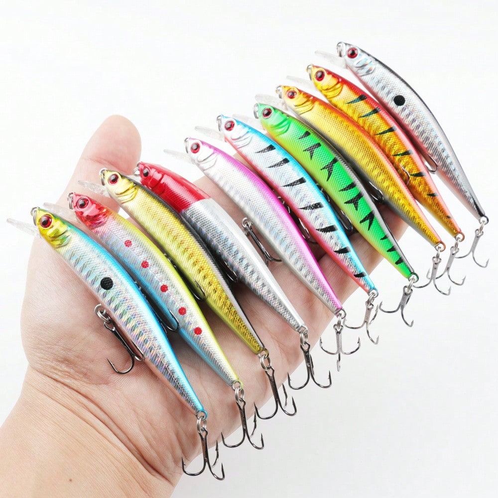 10pcs Minnow Fishing Lures Set Artificial Bait Crankbait For Bass Outdoors Fishing Tackle, 10cm/3. 94in 8g/0. 28oz