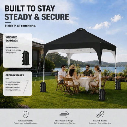 10x10 Pop Up Canopy Tent, Easy Set-Up Commercial Gazebo, Black| Portable Instant Canopy With Wheeled Carry Bag And 4 Sandbags For Patio, Party, And Outdoor Activities, UV Protection