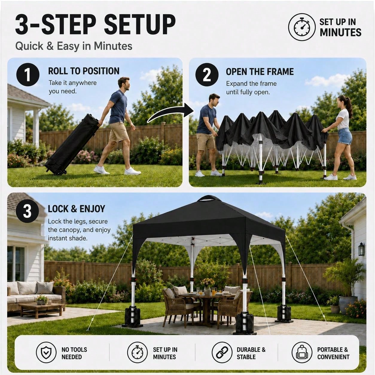 10x10 Pop Up Canopy Tent, Easy Set-Up Commercial Gazebo, Black| Portable Instant Canopy With Wheeled Carry Bag And 4 Sandbags For Patio, Party, And Outdoor Activities, UV Protection