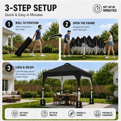 10x10 Pop Up Canopy Tent, Easy Set-Up Commercial Gazebo, Black| Portable Instant Canopy With Wheeled Carry Bag And 4 Sandbags For Patio, Party, And Outdoor Activities, UV Protection