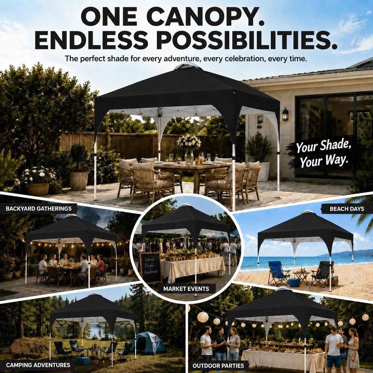 10x10 Pop Up Canopy Tent, Easy Set-Up Commercial Gazebo, Black| Portable Instant Canopy With Wheeled Carry Bag And 4 Sandbags For Patio, Party, And Outdoor Activities, UV Protection