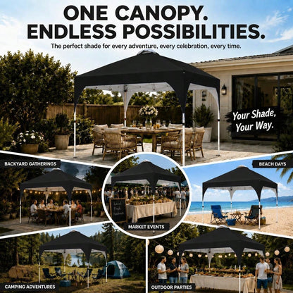 10x10 Pop Up Canopy Tent, Easy Set-Up Commercial Gazebo, Black| Portable Instant Canopy With Wheeled Carry Bag And 4 Sandbags For Patio, Party, And Outdoor Activities, UV Protection