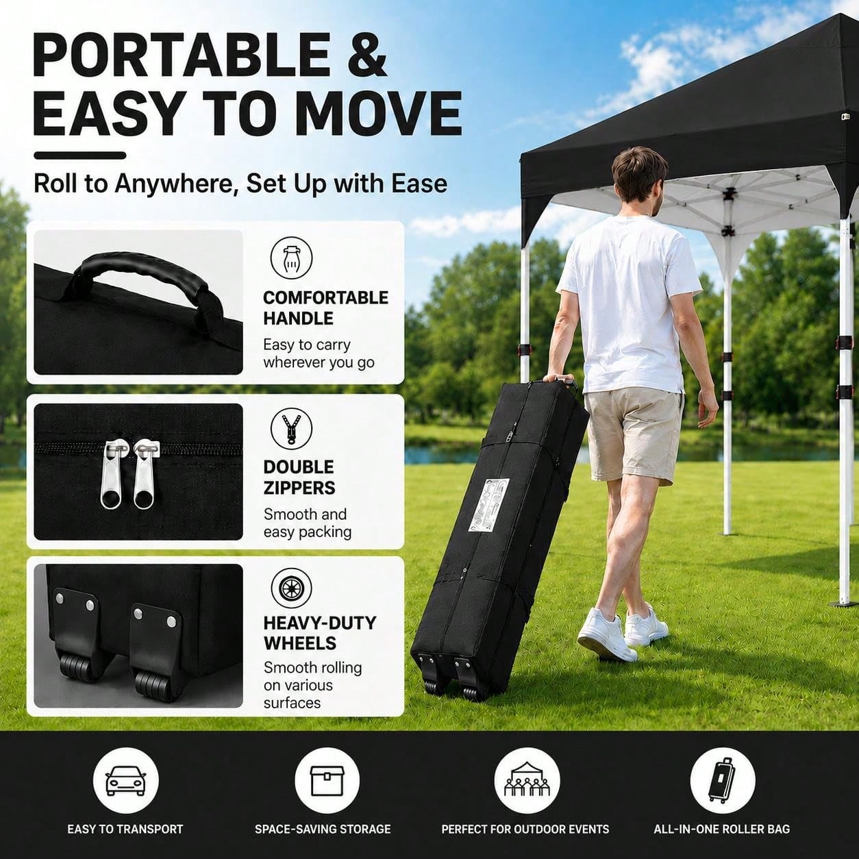 10x10 Pop Up Canopy Tent, Easy Set-Up Commercial Gazebo, Black| Portable Instant Canopy With Wheeled Carry Bag And 4 Sandbags For Patio, Party, And Outdoor Activities, UV Protection