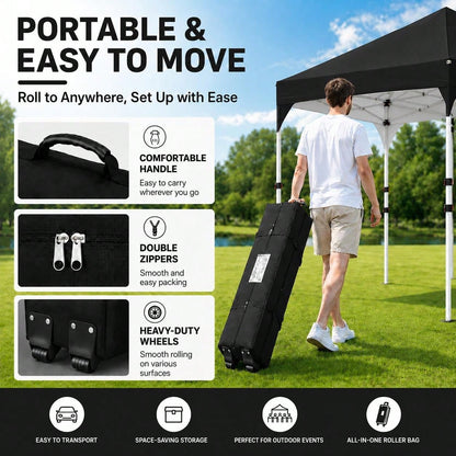 10x10 Pop Up Canopy Tent, Easy Set-Up Commercial Gazebo, Black| Portable Instant Canopy With Wheeled Carry Bag And 4 Sandbags For Patio, Party, And Outdoor Activities, UV Protection