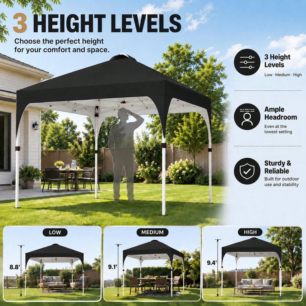 10x10 Pop Up Canopy Tent, Easy Set-Up Commercial Gazebo, Black| Portable Instant Canopy With Wheeled Carry Bag And 4 Sandbags For Patio, Party, And Outdoor Activities, UV Protection