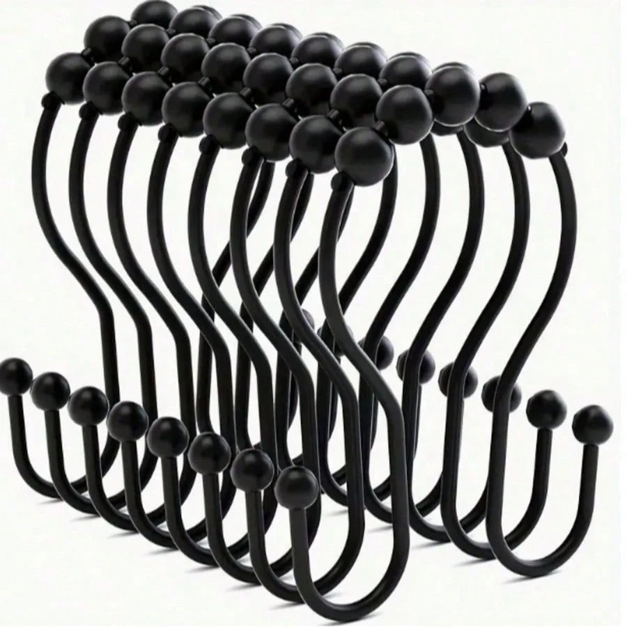 12/1pc Stainless Steel Double Roller Ball Hooks, Suitable For Bathroom- Rust-Proof, Smooth Sliding Double Rings, Suitable For Shower Curtains And Liners, Bathroom Shower Curtain Set, Bathroom Curtain