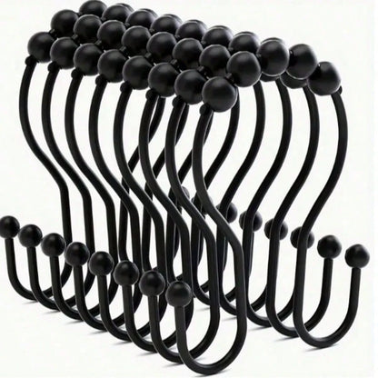 12/1pc Stainless Steel Double Roller Ball Hooks, Suitable For Bathroom- Rust-Proof, Smooth Sliding Double Rings, Suitable For Shower Curtains And Liners, Bathroom Shower Curtain Set, Bathroom Curtain