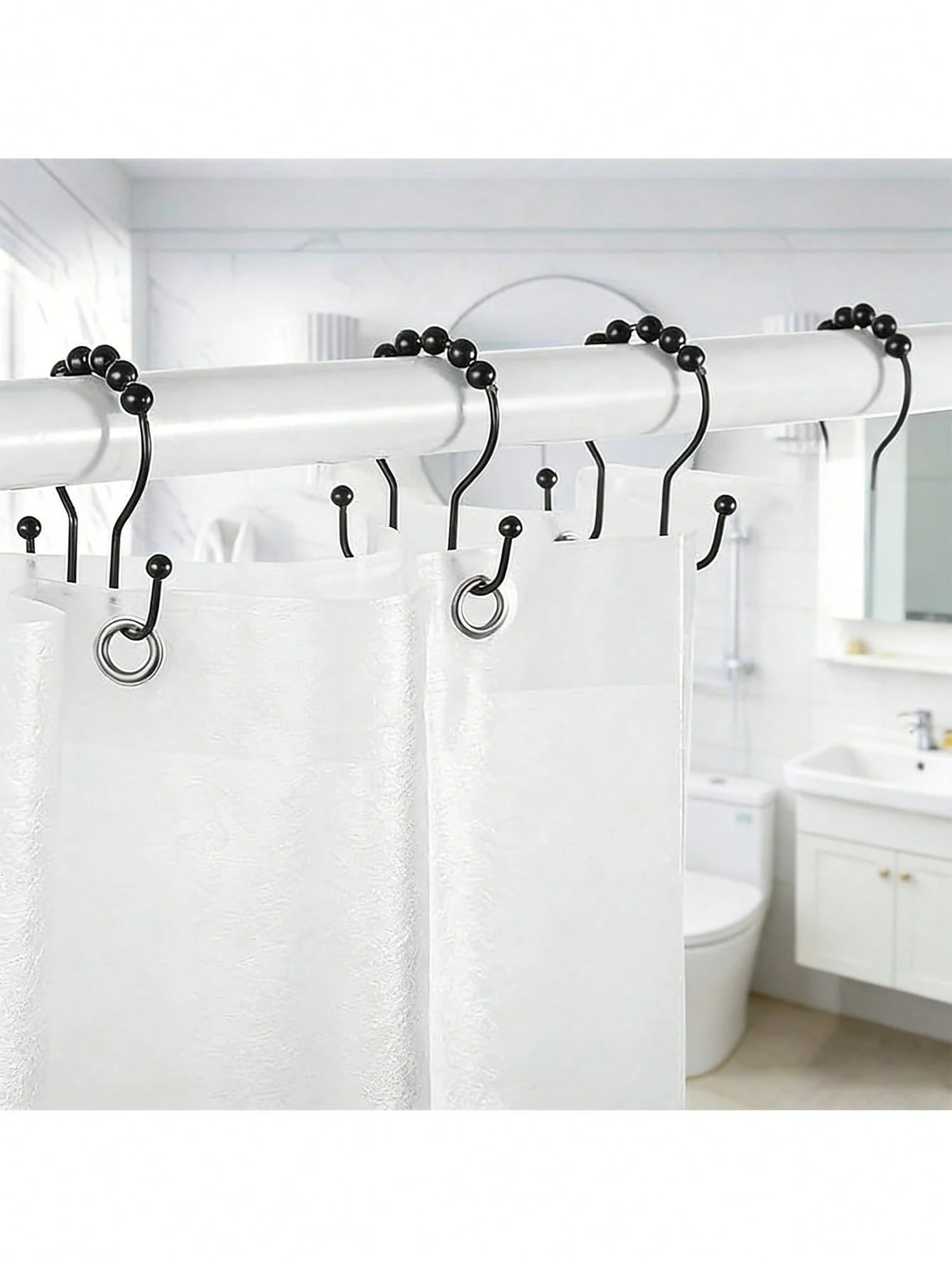 12/1pc Stainless Steel Double Roller Ball Hooks, Suitable For Bathroom- Rust-Proof, Smooth Sliding Double Rings, Suitable For Shower Curtains And Liners, Bathroom Shower Curtain Set, Bathroom Curtain