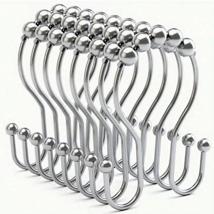 12/1pc Stainless Steel Double Roller Ball Hooks, Suitable For Bathroom- Rust-Proof, Smooth Sliding Double Rings, Suitable For Shower Curtains And Liners, Bathroom Shower Curtain Set, Bathroom Curtain