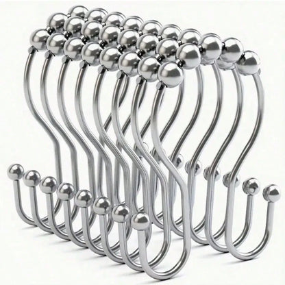 12/1pc Stainless Steel Double Roller Ball Hooks, Suitable For Bathroom- Rust-Proof, Smooth Sliding Double Rings, Suitable For Shower Curtains And Liners, Bathroom Shower Curtain Set, Bathroom Curtain
