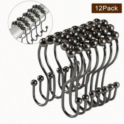 12/1pc Stainless Steel Double Roller Ball Hooks, Suitable For Bathroom- Rust-Proof, Smooth Sliding Double Rings, Suitable For Shower Curtains And Liners, Bathroom Shower Curtain Set, Bathroom Curtain