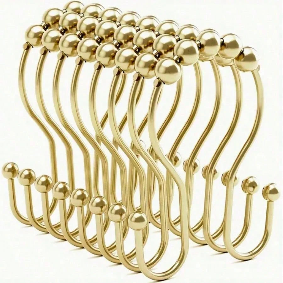 12/1pc Stainless Steel Double Roller Ball Hooks, Suitable For Bathroom- Rust-Proof, Smooth Sliding Double Rings, Suitable For Shower Curtains And Liners, Bathroom Shower Curtain Set, Bathroom Curtain