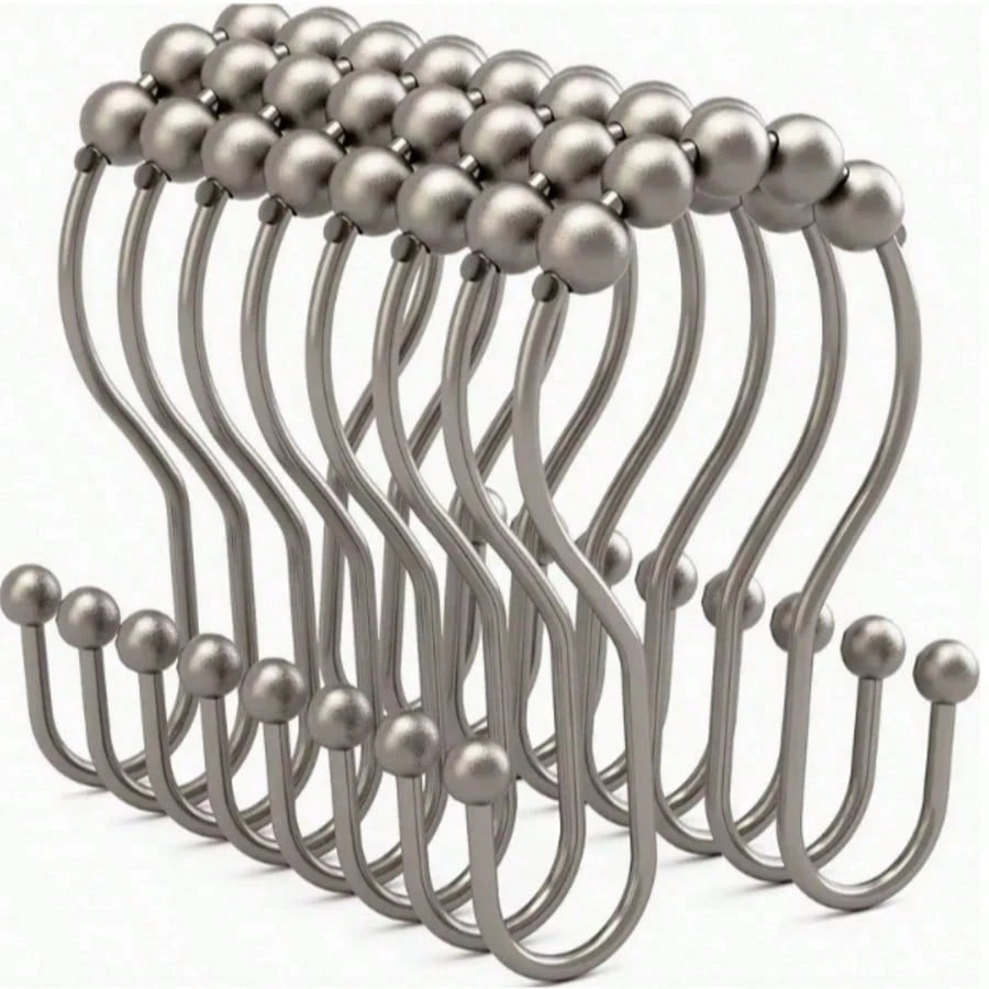 12/1pc Stainless Steel Double Roller Ball Hooks, Suitable For Bathroom- Rust-Proof, Smooth Sliding Double Rings, Suitable For Shower Curtains And Liners, Bathroom Shower Curtain Set, Bathroom Curtain