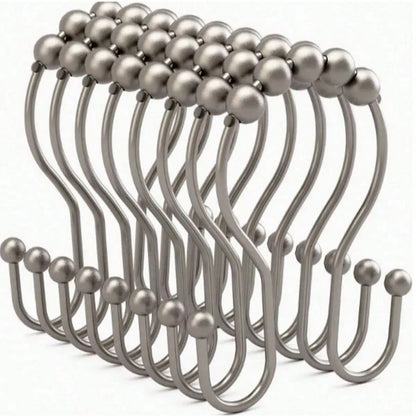 12/1pc Stainless Steel Double Roller Ball Hooks, Suitable For Bathroom- Rust-Proof, Smooth Sliding Double Rings, Suitable For Shower Curtains And Liners, Bathroom Shower Curtain Set, Bathroom Curtain