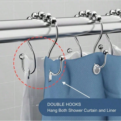 12/1pc Stainless Steel Double Roller Ball Hooks, Suitable For Bathroom- Rust-Proof, Smooth Sliding Double Rings, Suitable For Shower Curtains And Liners, Bathroom Shower Curtain Set, Bathroom Curtain