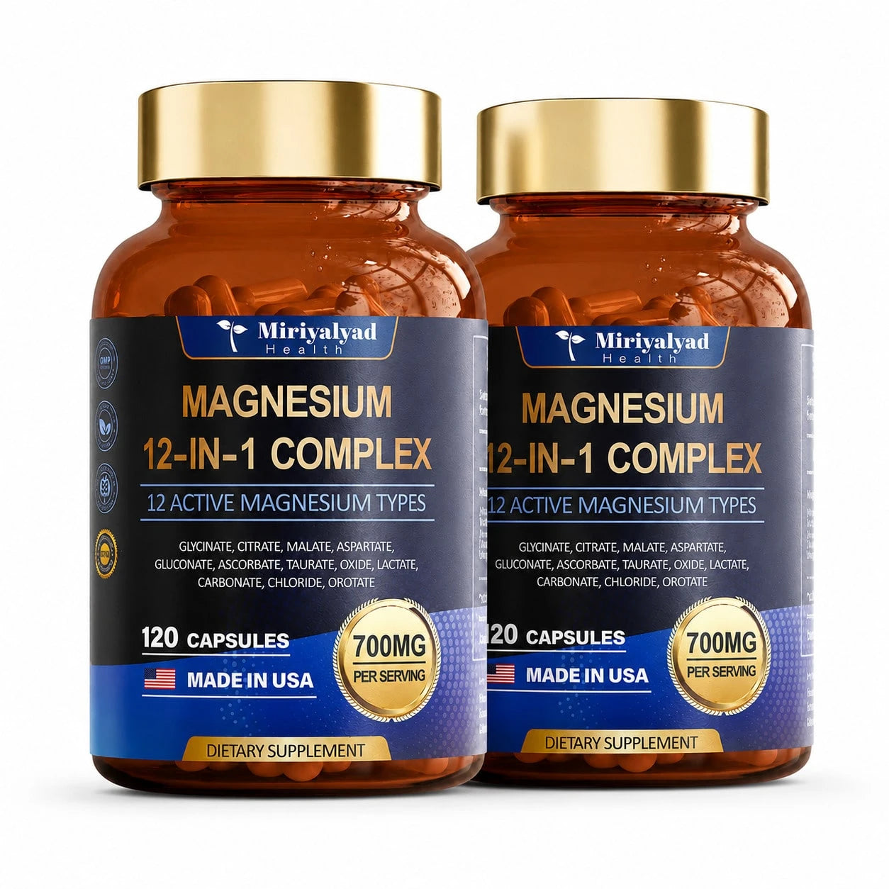 12-In-1 Magnesium Complex 700mg Supplement Capsules- Relaxation Muscle, Heart Health, Stress Relief, Vegan, 120 Counts, Dietary Supplement