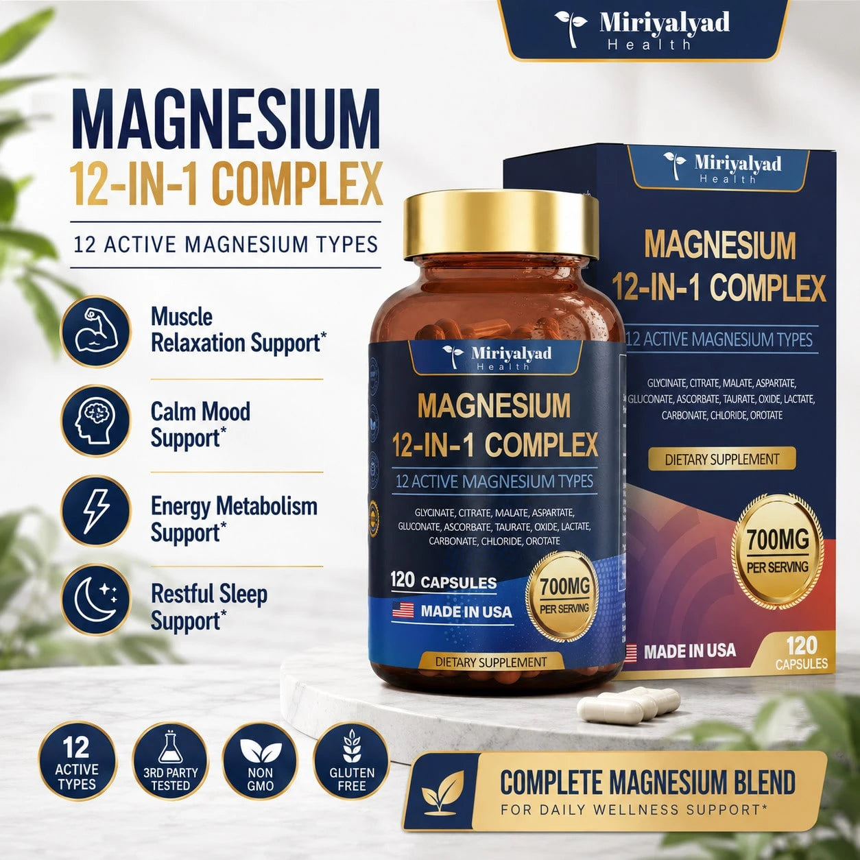 12-In-1 Magnesium Complex 700mg Supplement Capsules- Relaxation Muscle, Heart Health, Stress Relief, Vegan, 120 Counts, Dietary Supplement
