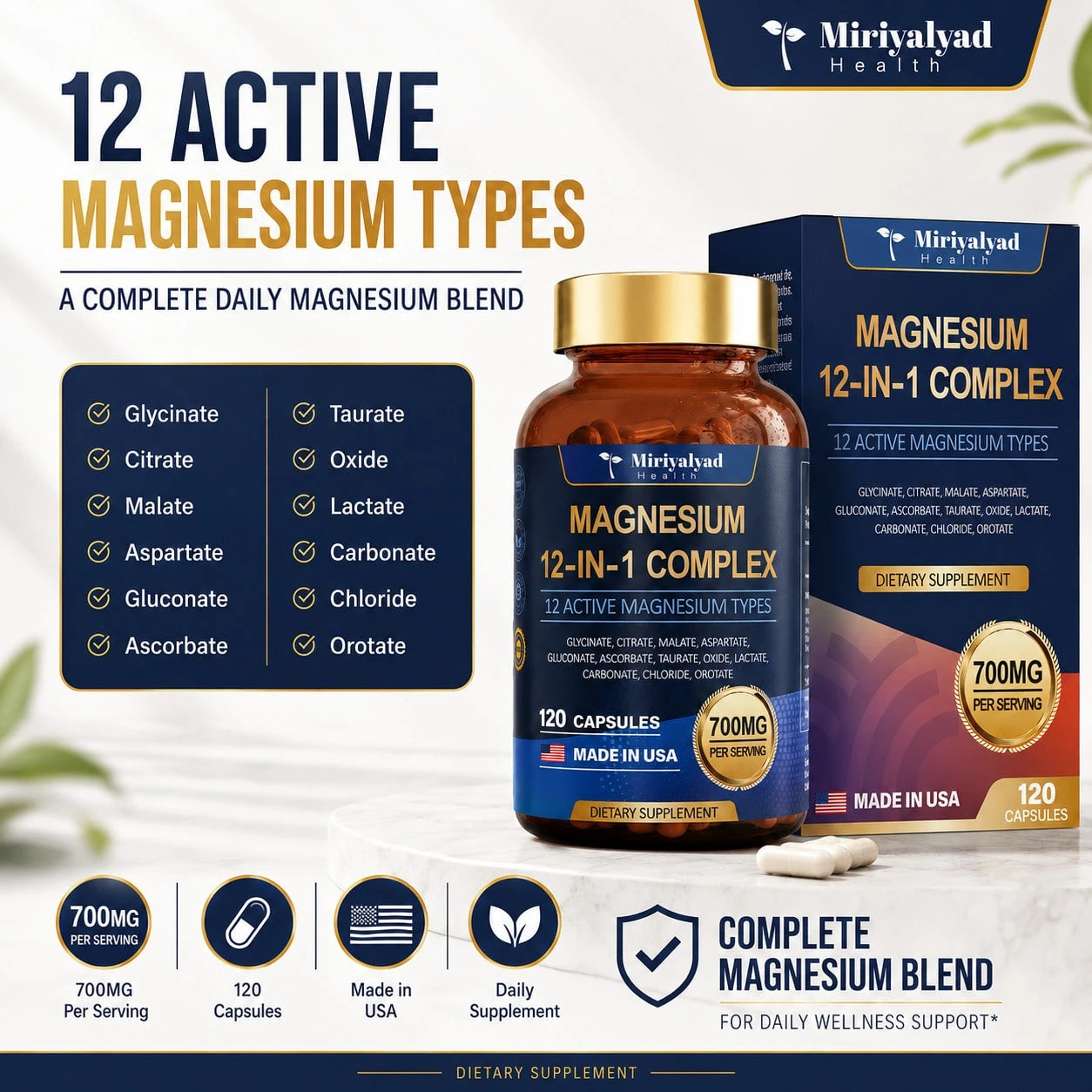 12-In-1 Magnesium Complex 700mg Supplement Capsules- Relaxation Muscle, Heart Health, Stress Relief, Vegan, 120 Counts, Dietary Supplement