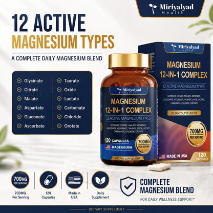 12-In-1 Magnesium Complex 700mg Supplement Capsules- Relaxation Muscle, Heart Health, Stress Relief, Vegan, 120 Counts, Dietary Supplement