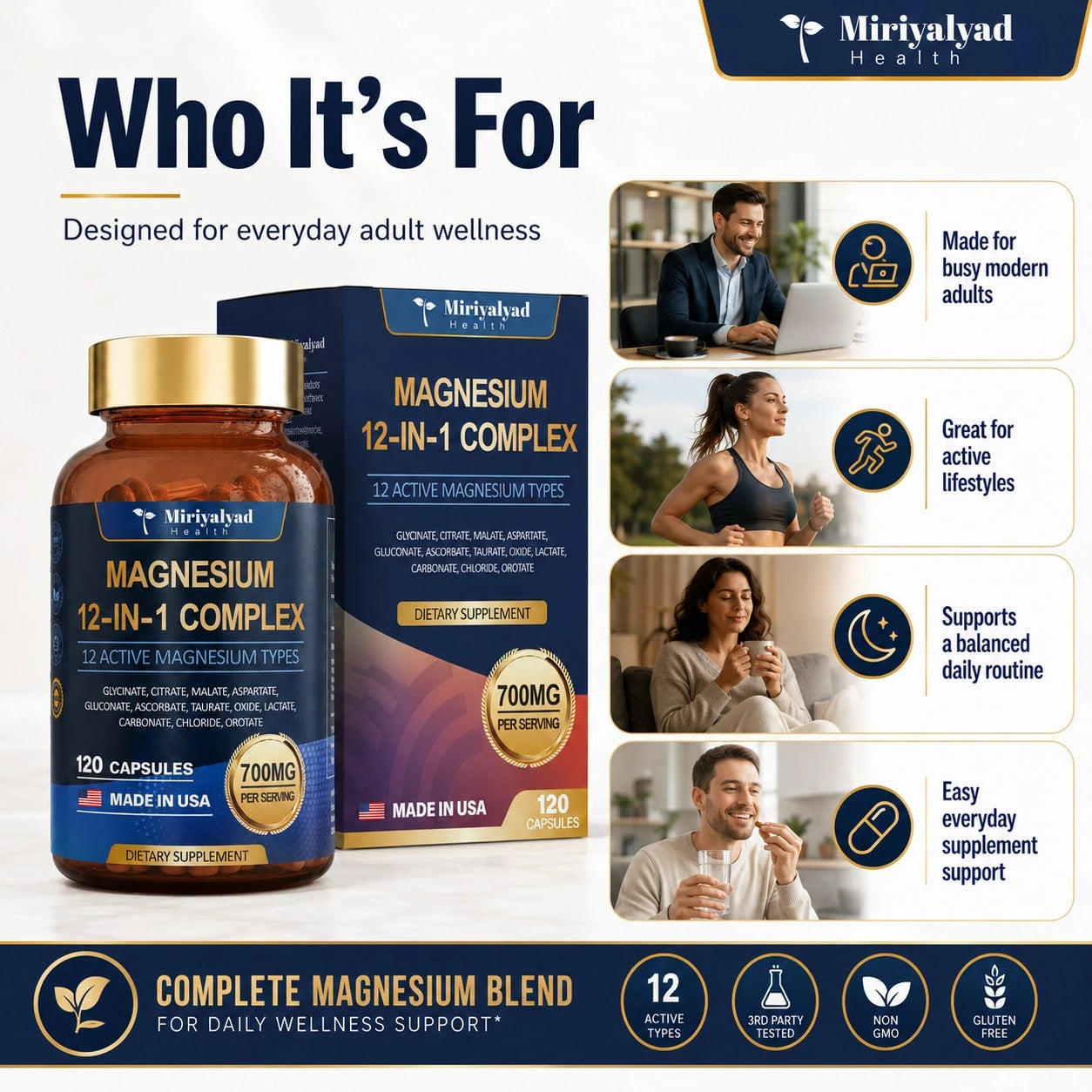 12-In-1 Magnesium Complex 700mg Supplement Capsules- Relaxation Muscle, Heart Health, Stress Relief, Vegan, 120 Counts, Dietary Supplement