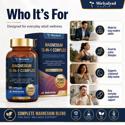 12-In-1 Magnesium Complex 700mg Supplement Capsules- Relaxation Muscle, Heart Health, Stress Relief, Vegan, 120 Counts, Dietary Supplement