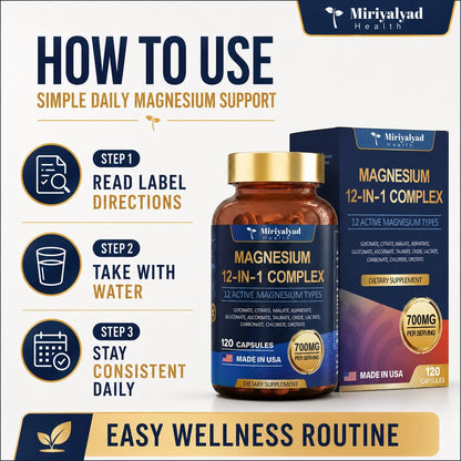 12-In-1 Magnesium Complex 700mg Supplement Capsules- Relaxation Muscle, Heart Health, Stress Relief, Vegan, 120 Counts, Dietary Supplement