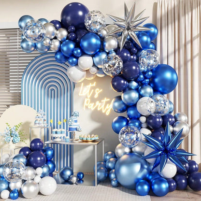 127pcs Blue White Silver Balloon Arch Decoration Set, Navy Blue, Light Metallic Blue, Foil Confetti Balloons With Star Foil Balloons, Suitable For Birthday, Wedding, Baby Shower Party Decoration
