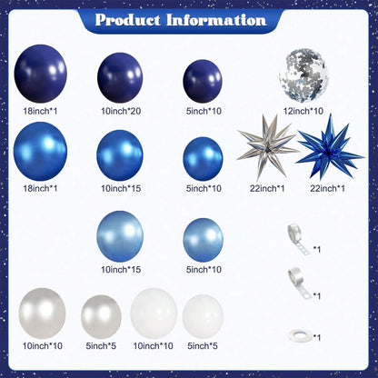 127pcs Blue White Silver Balloon Arch Decoration Set, Navy Blue, Light Metallic Blue, Foil Confetti Balloons With Star Foil Balloons, Suitable For Birthday, Wedding, Baby Shower Party Decoration
