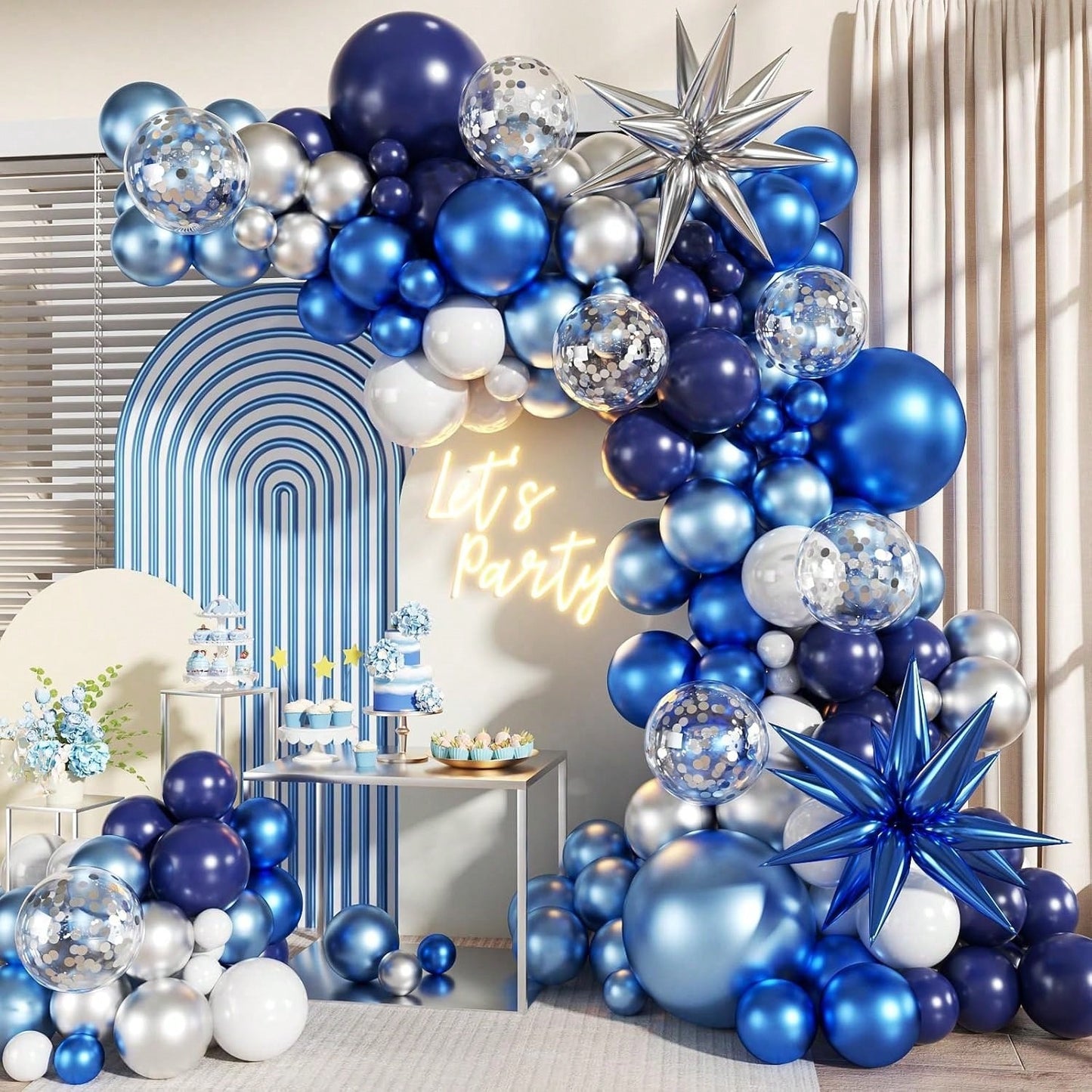 127pcs Blue White Silver Balloon Arch Decoration Set, Navy Blue, Light Metallic Blue, Foil Confetti Balloons With Star Foil Balloons, Suitable For Birthday, Wedding, Baby Shower Party Decoration
