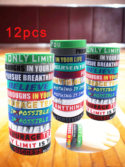 12pcs Colorful Inspirational Silicone Wristbands, Positive Energy Silicone Bracelet Set, European And American Style English Slogan Silicone Bracelets, Party Favors