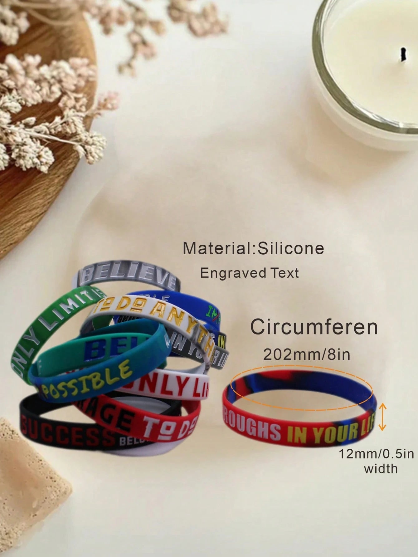 12pcs Colorful Inspirational Silicone Wristbands, Positive Energy Silicone Bracelet Set, European And American Style English Slogan Silicone Bracelets, Party Favors