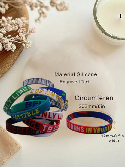 12pcs Colorful Inspirational Silicone Wristbands, Positive Energy Silicone Bracelet Set, European And American Style English Slogan Silicone Bracelets, Party Favors