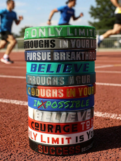 12pcs Colorful Inspirational Silicone Wristbands, Positive Energy Silicone Bracelet Set, European And American Style English Slogan Silicone Bracelets, Party Favors