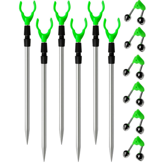 12pcs Fishing Rod Holder Set, 6pcs Rod Holders + 6pcs Alarm Bells, Adjustable Telescopic Ground Fishing Rod Holder Kit, Fishing Accessories, Outdoor Fishing Essentials