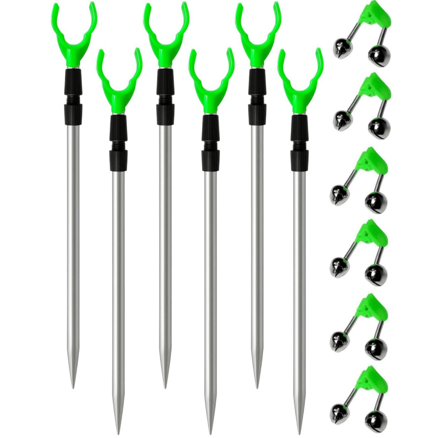 12pcs Fishing Rod Holder Set, 6pcs Rod Holders + 6pcs Alarm Bells, Adjustable Telescopic Ground Fishing Rod Holder Kit, Fishing Accessories, Outdoor Fishing Essentials