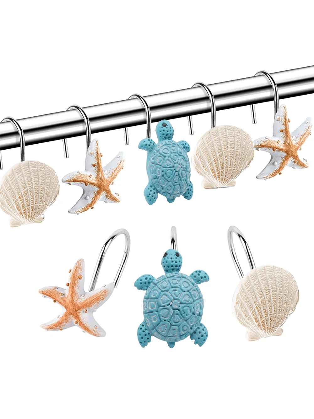 12pcs/Set Animal & Ocean Creature Resin Decorative Shower Curtain Hooks- Turtle, Starfish, Shell Design, Strong Load Bearing, Waterproof And Rustproof Metal Shower Curtain Hook Bathroom Decor Fall De