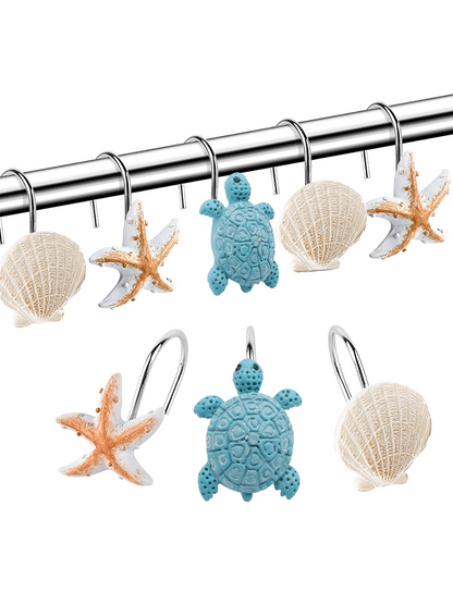 12pcs/Set Animal & Ocean Creature Resin Decorative Shower Curtain Hooks- Turtle, Starfish, Shell Design, Strong Load Bearing, Waterproof And Rustproof Metal Shower Curtain Hook Bathroom Decor Fall De