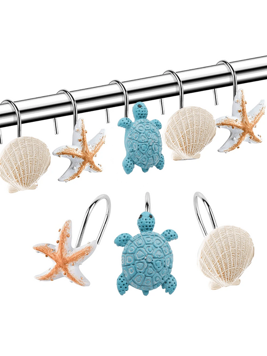 12pcs/Set Animal & Ocean Creature Resin Decorative Shower Curtain Hooks- Turtle, Starfish, Shell Design, Strong Load Bearing, Waterproof And Rustproof Metal Shower Curtain Hook Bathroom Decor Fall De