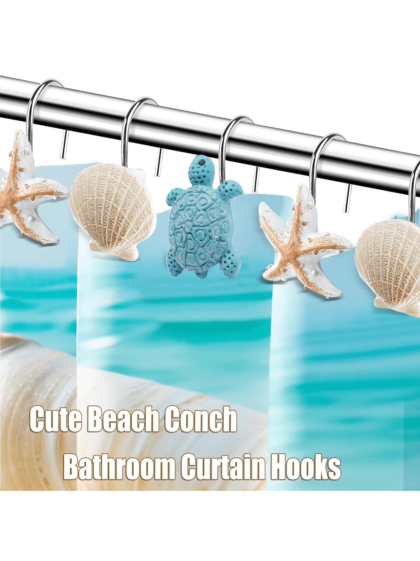 12pcs/Set Animal & Ocean Creature Resin Decorative Shower Curtain Hooks- Turtle, Starfish, Shell Design, Strong Load Bearing, Waterproof And Rustproof Metal Shower Curtain Hook Bathroom Decor Fall De