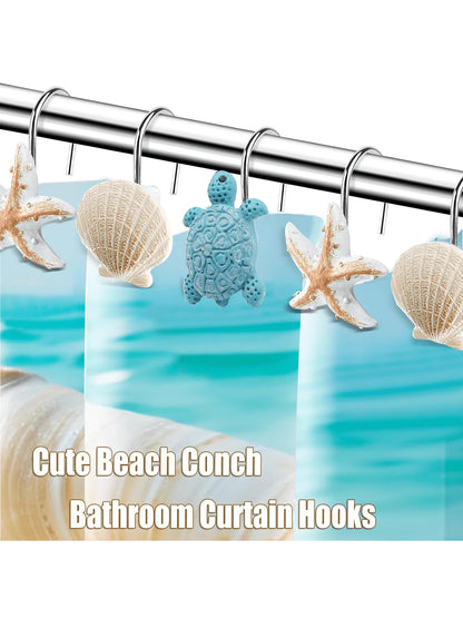 12pcs/Set Animal & Ocean Creature Resin Decorative Shower Curtain Hooks- Turtle, Starfish, Shell Design, Strong Load Bearing, Waterproof And Rustproof Metal Shower Curtain Hook Bathroom Decor Fall De