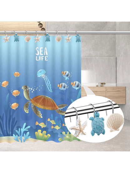 12pcs/Set Animal & Ocean Creature Resin Decorative Shower Curtain Hooks- Turtle, Starfish, Shell Design, Strong Load Bearing, Waterproof And Rustproof Metal Shower Curtain Hook Bathroom Decor Fall De