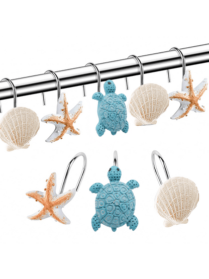 12pcs/Set Animal & Ocean Creature Resin Decorative Shower Curtain Hooks- Turtle, Starfish, Shell Design, Strong Load Bearing, Waterproof And Rustproof Metal Shower Curtain Hook Bathroom Decor Fall De