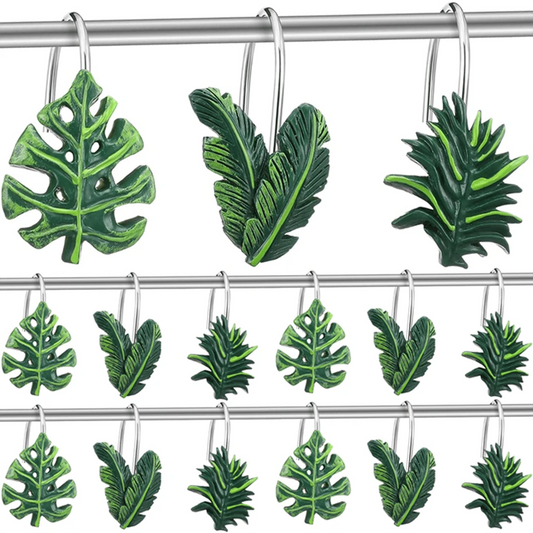 12pcs Turtle Back Leaf Shower Curtain Hooks, Stainless Steel Rust-Proof Resin Hand-Painted Hawaiian Tropical Palm Leaf Decorative Shower Curtain Rings, Bathroom Accessories, Shower Curtain Accessories