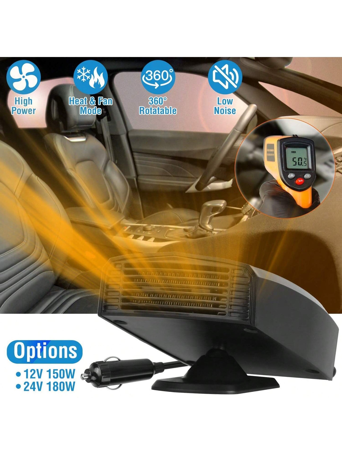 12V/24V Portable Car Heater Heating Fan 2 In 1 Defroster Defogger Demister Windshield Heater Automotive Cooling Fan With 360°Rotating Base